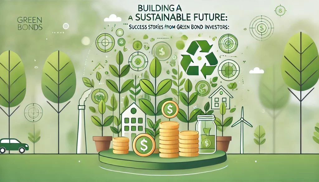 Blurred background image with green leaves, coins, and buildings symbolizing sustainability and investment success through green bonds.