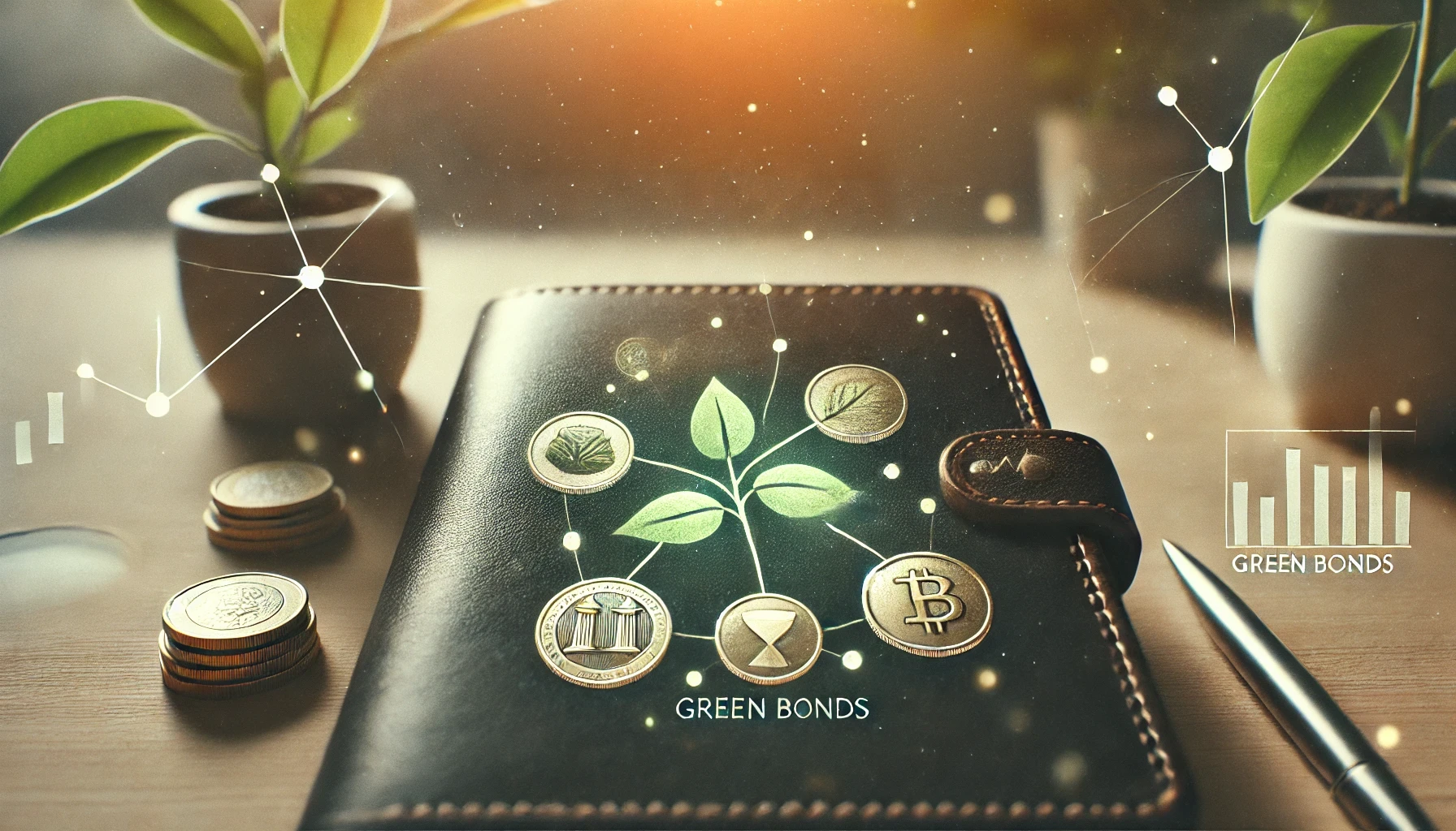 Image representing the transformation from investment to environmental impact through green bonds, featuring symbols of coins and green leaves.