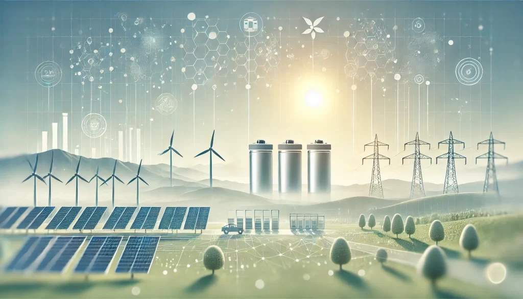 Image showing battery storage alongside renewable energy sources like solar panels and wind turbines.