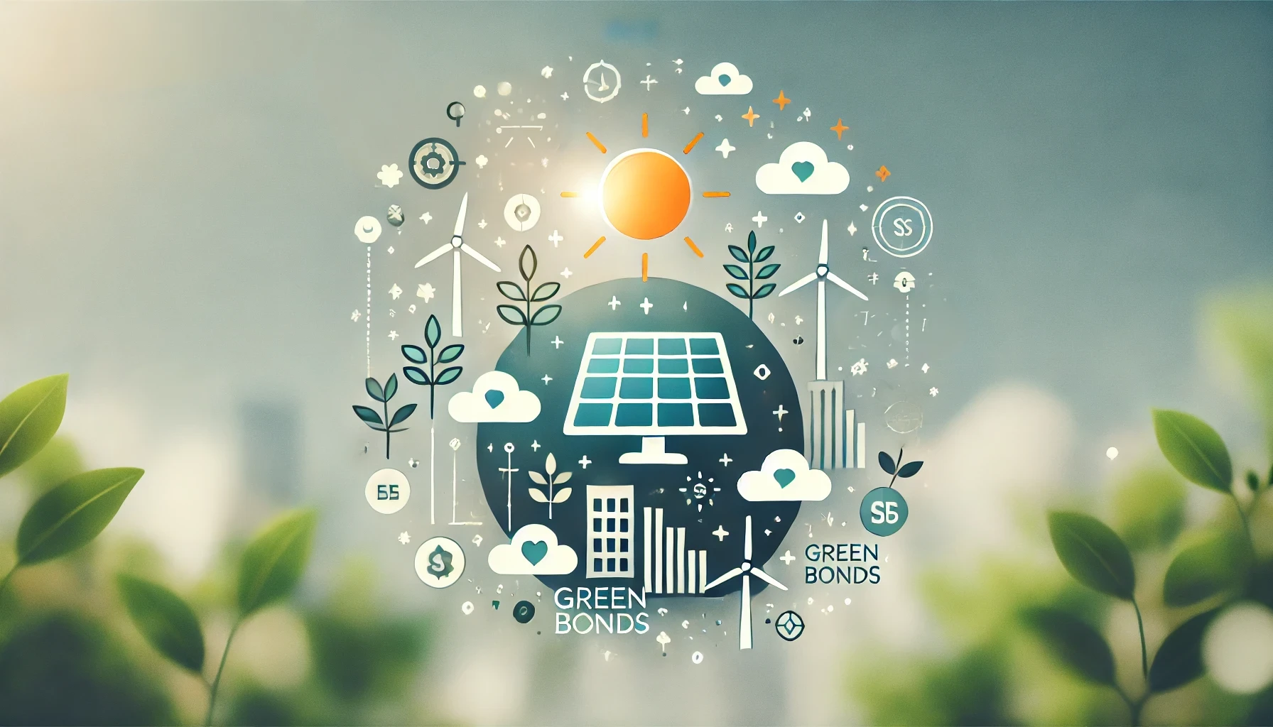 Image featuring solar panels, sunlight, and green bonds, symbolizing the connection between solar energy and sustainable finance.