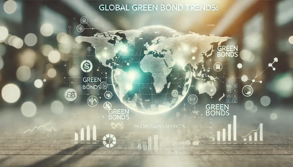 Image featuring a world map and green bonds, symbolizing global opportunities in green finance and emerging markets.