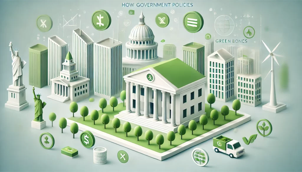 Image with a government building and green bonds, emphasizing the connection between policy and green finance.