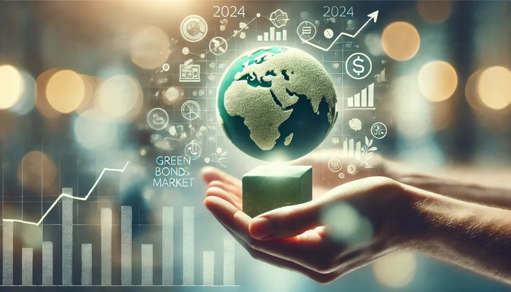 Image featuring financial symbols, green bonds, and growth charts representing the 2024 green bond market outlook.