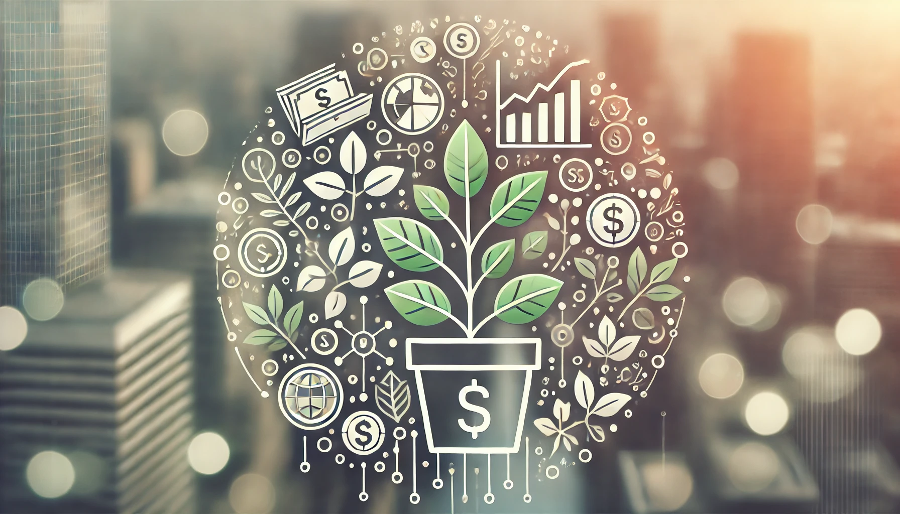 Image featuring financial symbols, green leaves, and a portfolio representing sustainable investment.