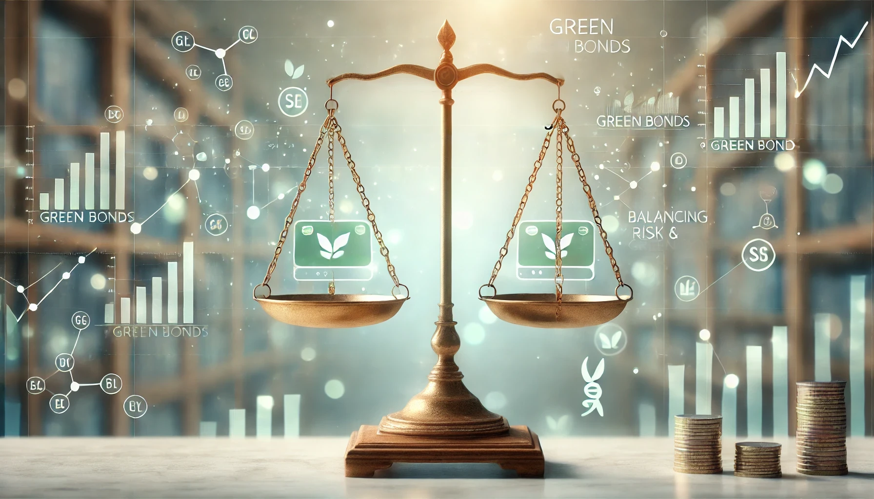 Image featuring scales, green bonds, and financial symbols, representing the balance of risk and reward in green bond investing.