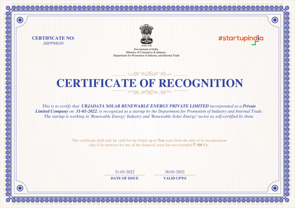 Urjadata certified startup under Startup India initiative