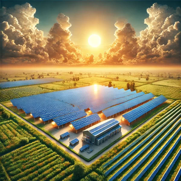 Realistic high-definition image of a 1MW Solar Power Plant under the PMKUSUM Central Government scheme, featuring solar panels, sunlight, and a clear sky.