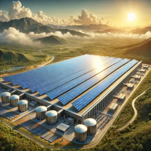 Realistic high-definition image of a 500KW Solar Power Plant under the PMKUSUM Central Government scheme, featuring solar panels, sunlight, and a clear sky.