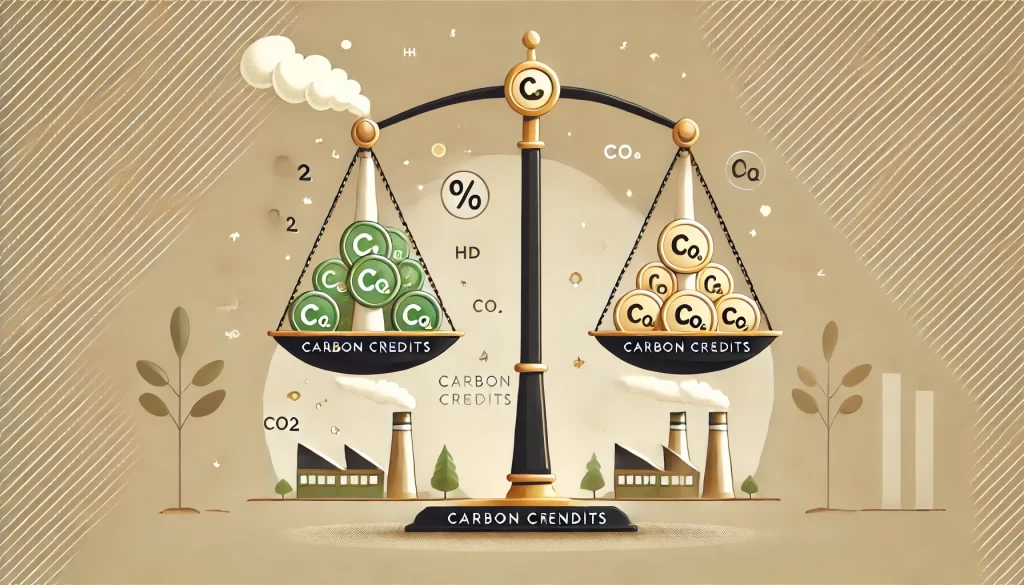 Vector-style illustration of a balance scale with carbon credits represented by coins on one side and emissions symbolized by a factory emitting CO2 on the other, set against a minimalist background with earthy tones.