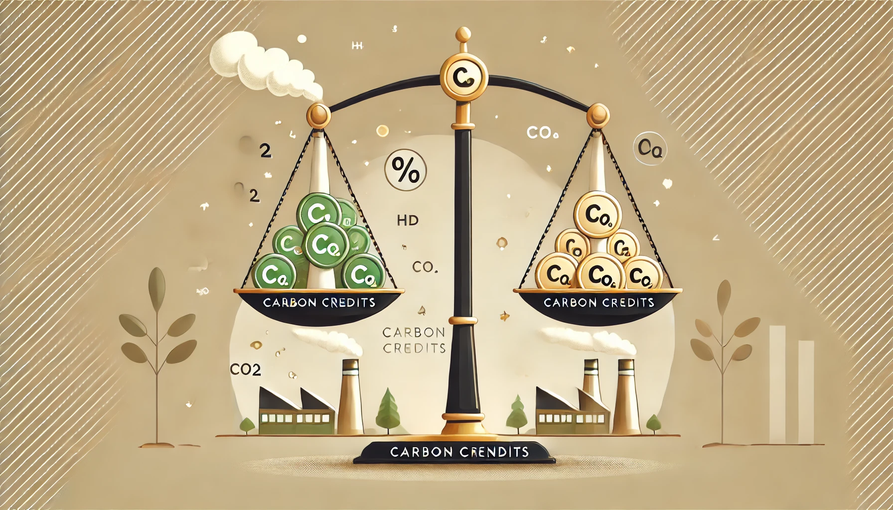 Vector-style illustration of a balance scale with carbon credits represented by coins on one side and emissions symbolized by a factory emitting CO2 on the other, set against a minimalist background with earthy tones.