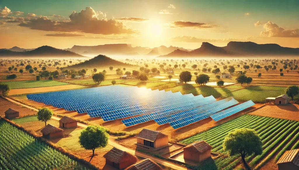 Solar power project in rural Madhya Pradesh with wide stretches of solar panels under a clear sky, blending green energy with traditional landscape.