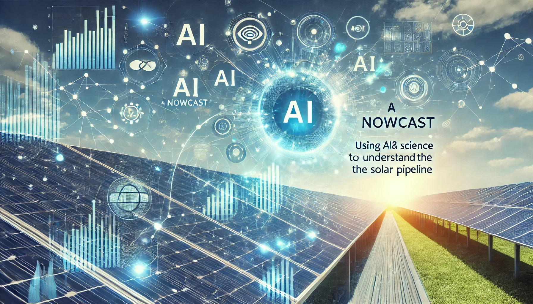 Solar panels under a bright sky with futuristic data streams and AI symbols representing AI technology and data analysis in the solar energy pipeline.